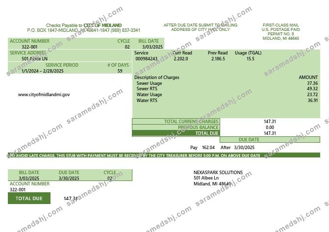 USA Michigan water business utility bill template in Word and PDF  formats